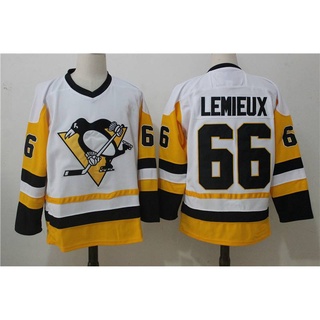 เสื้อกีฬาแขนยาว ลาย NHL Pittsburgh Penguins Hockey Jersey Lemieux คุณภาพสูง พลัสไซซ์