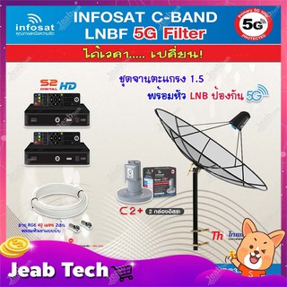 Thaisat C-Band 1.5M (ขาตรงตั้งพื้น ฐานตัว M) + infosat LNB 2จุด รุ่น C2+ (5G) + PSI S2 2กล่อง+สาย RG6 40M x2