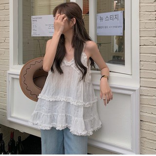 (ลด 45.- กรอกโค้ด WFXAK)พร้อมส่ง! ไม่ต้องรอพรี 🥨 anny white vest C2297 เสื้อสายเดี่ยวลูกไม้ สายเดี่ยวปลายระบาย มี 2 สี ข