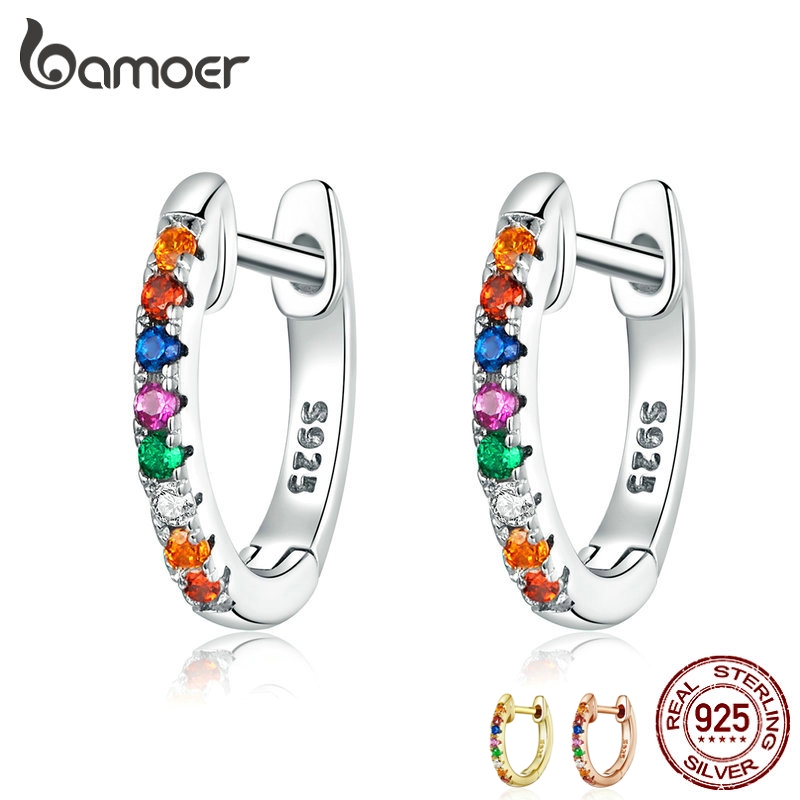 BAMOER 3 Color ต่างหูห่วง In 925 Sterling Silver Colorful Zircon SCE721