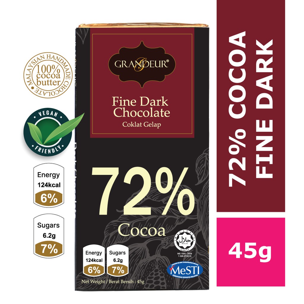GRANDEUR 72% Cocoa Fine Dark Chocolate Bar 45g Chocolate อร่อยฮาลาล