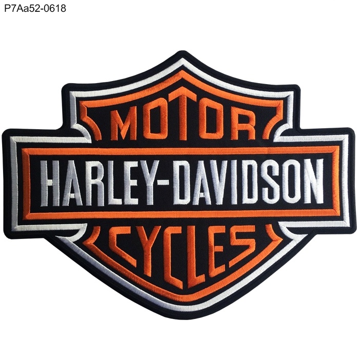 ใหม่อาร์มเย็บติดเสื้อลาย โลโก้ Harley ผ้าโพลี ชิ้นใหญ่ ขนาด/size 28*21.5 ปักส้มขาวดำพื้นดํา รุ่น P7Aa52-0618 พร้อมส่ง!!!