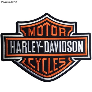 ใหม่อาร์มเย็บติดเสื้อลาย โลโก้ Harley ผ้าโพลี ชิ้นใหญ่ ขนาด/size 28*21.5 ปักส้มขาวดำพื้นดํา รุ่น P7Aa52-0618 พร้อมส่ง!!!