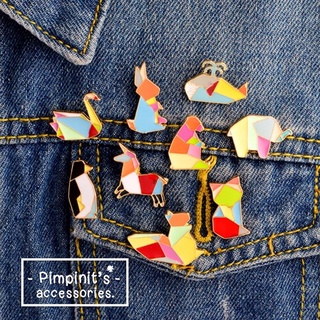 🇹🇭 พร้อมส่ง : เข็มกลัดเซ็มลายสัตว์โอริกามิ | Origami Animals Enamel Brooch Pin Set.