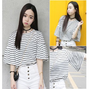 nista fashion short sleeve specker striped shirt loose เสื้อยืดแขนระฆัง