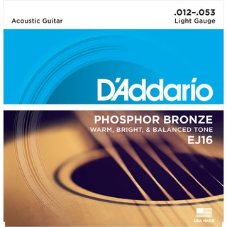 DAddario® สายกีตาร์โปร่ง เบอร์ 12 Phosphor Bronze ของแท้ 100% รุ่น EJ16 (Light, 12-53)