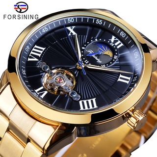 Forsining Men Stainless Steel Tourbillion Design Black Moon Phase Dial Mens Automatic Mechanical Wrist Watches Top Brand