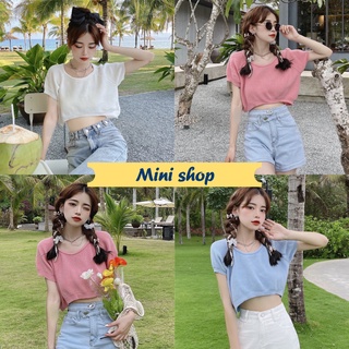 Mini shop🌸พร้อมส่ง🌸 (9572-1) เสื้อครอปไหมพรมคอกบม สีพื้นทรงน่ารักเรียบหรูใส่สบายกำลังฮิตสุดๆ