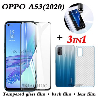 (3in1) สำหรับ OPPO A53 2020 กระจกเทมเปอร์ฟิล์มป้องกัน + ป้องกันเลนส์กล้องฟิล์มป้องกัน + คาร์บอนไฟเบอร์ฝาหลังสติกเกอร์ฟิล์มป้องกัน.