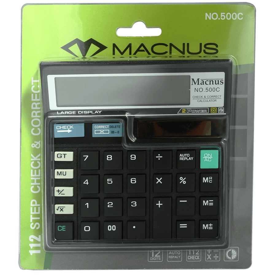 MACNUS  เครื่องคิดเลข NO.500C BLACK CALCULATOR  12 DIGITS  112 STEP   CHECK  & CORRECT