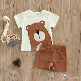 BABYGARDEN-0-24months Baby Boy Short Outfits, Short Sleeve Cartoon Bear Printed Crew Neck T-Shirt + Solid Color Elastic Waist Shorts Set