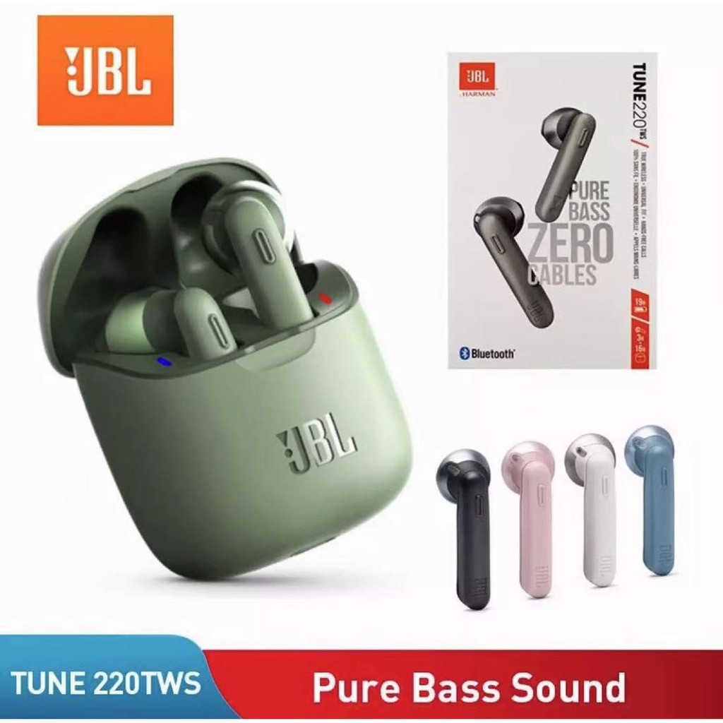 JBL1 Tune T220 TWS หูฟังบลูทูธ V5.0 หูฟังไร้สายหูฟังชนิดใส่ในหูพร้อมไมโครโฟนสเตอริโอและกล่องชาร์จ