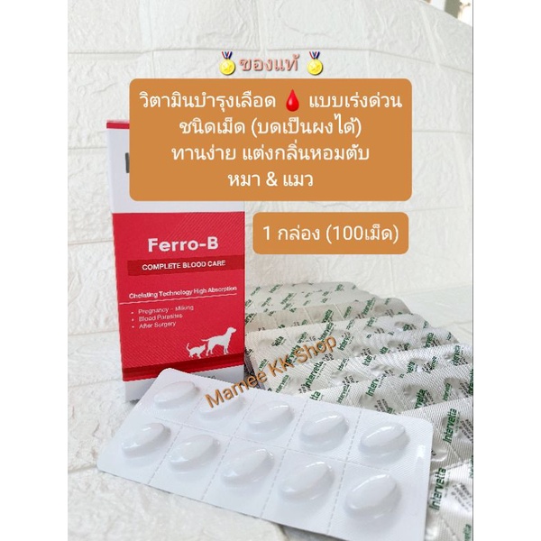 บำรุงเลือด (100เม็ด) หมดอายุ 03/2024 🏅ของแท้ (ชนิดเม็ด/บดได้) หมา & แมว FERRO B ผลิตภัณฑ์ที่สัตวแพทย