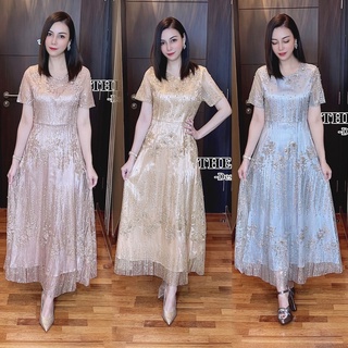 LuxuryDressShop ชุดไปงาน เดรสออกงาน ชุดเดรสยาวแต่งกลิตเตอร์ลายดอกไม้ระยิบระยับ เนื้อผ้าปักมุกทรงสวย มี M-4XL