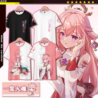 ใหม่ เสื้อยืดแขนสั้นลําลอง พิมพ์ลายอนิเมะ Genshin Impact YaeMiko 3D ทรงหลวม สไตล์ญี่ปุ่น แฟชั่นสําหรับผู้ชาย และผู้หญิง