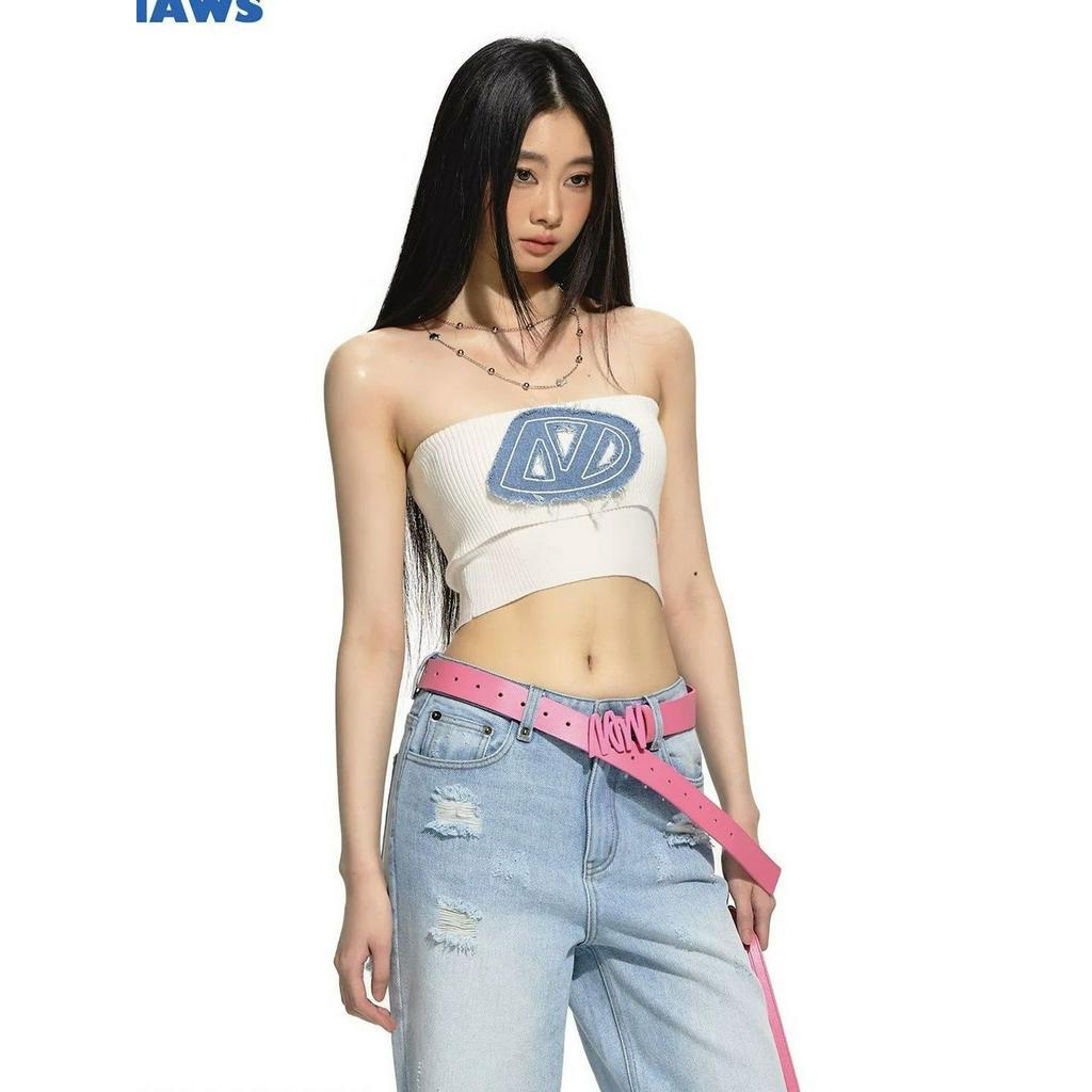Shanmieleng อเมริกันสาวร ้ อนถักปักDENIMปากแบนหลอดด ้ านบนผู ้ หญิงฤดูร ้ อนสไตล ์ ใหม ่ การออกแบบSense Slim-Fitสวมใส ่ ด ้ านนอกสั ้ นV