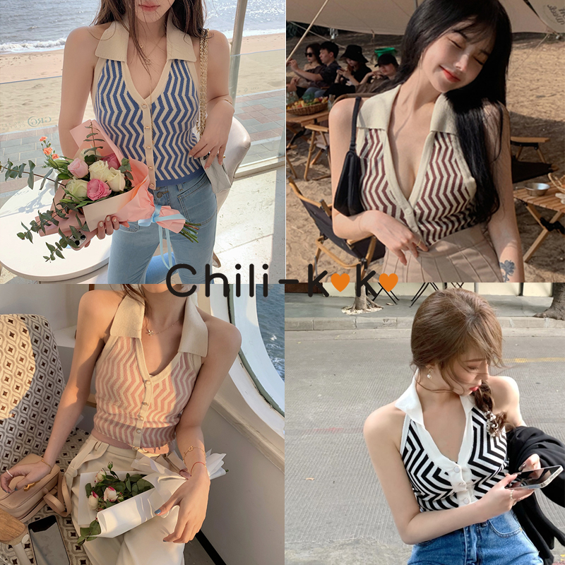 Chili_k k 88041 เสื้อกล้ามแขนกุดคอปกกระดุมหน้าลายเส้นทะเลสุดฮิต