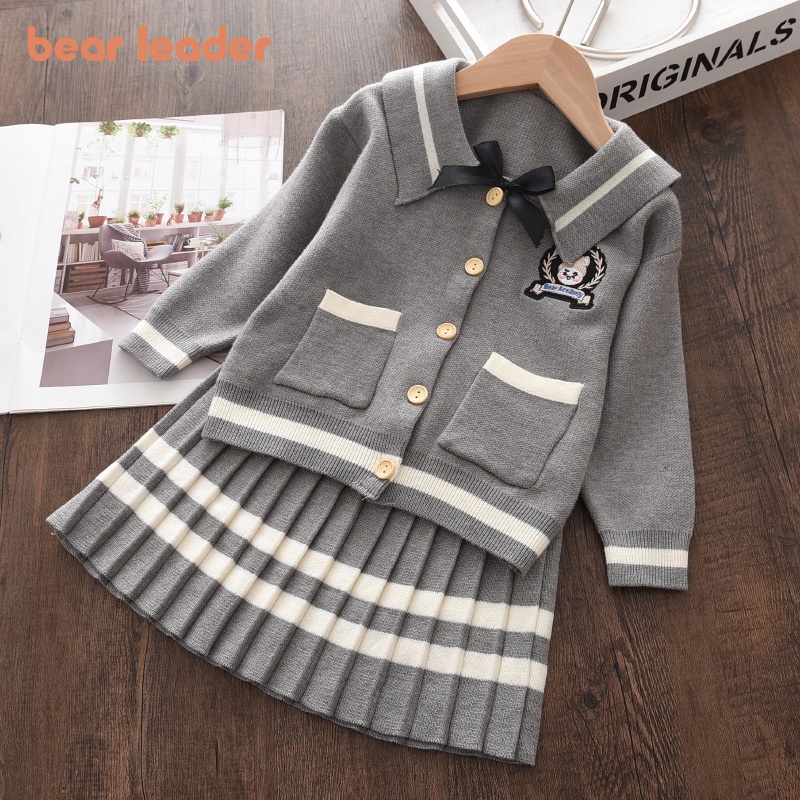 Bear Leader Girls Sweater Set 2024 Girls Bow Lapel Top + Parallel Bar Short Skirt Set Student Sweater Set