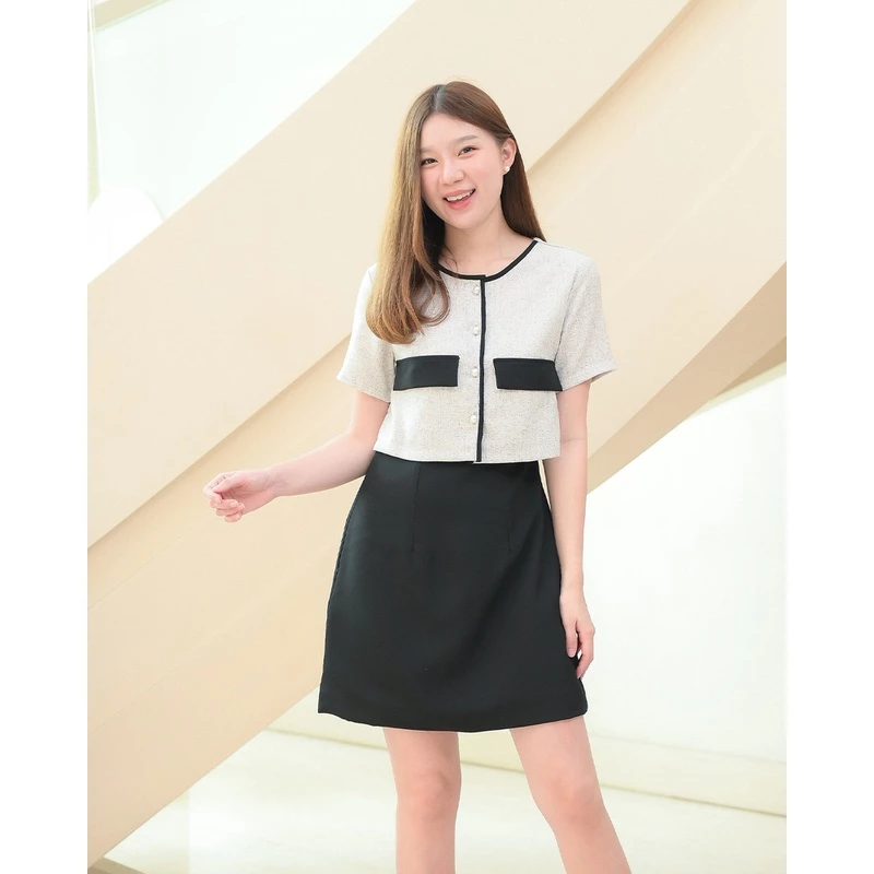 (XS-3XL) Zuzee dress - ชุดเดรสทำงาน ชุดทำงานผู้หญิง เดรสทูโทน ตัดต่อผ้าทวีดสวยหรูดูแพง - CRAYONBRAND
