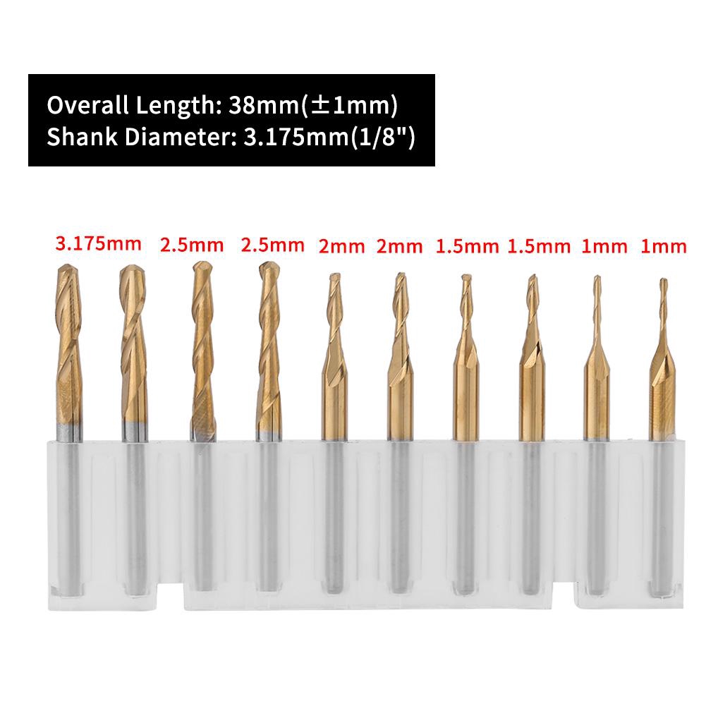 10pcs3.175mm Shank Titanium Coated Ball Nose End Milling Cutter Set 1mm - View #6