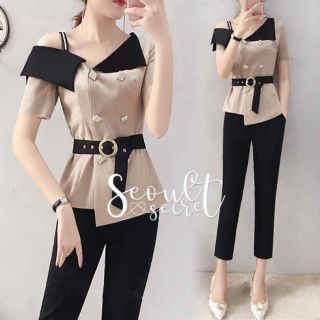 Seoul Secret Says ... Korea Style Cream&amp;Black Two tone oblique shoulder opening Set