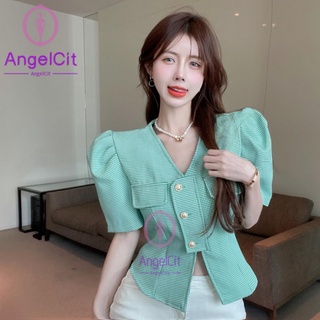 Angelcity※ เสื้อคาร์ดิแกน แขนพัฟ ทรงสลิมฟิต ลายสก๊อต สไตล์ตะวันตก คลาสสิก หรูหรา สําหรับผู้หญิง