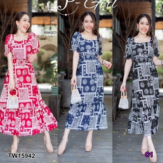 👗Pfashion [ส่งไว!!🚛] P15942 แม็กซี่เดรสคอเหลี่ยมแขนตุ๊กตาผูกชือกเอวพิมลายกราฟฟิก Square neck maxi dress, doll