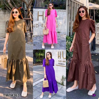 TW14363Maxi Dress เดรสยาว คอกลม แขนสั้นจับจีบแขน เย็บรูดชายหนึ่งชั้น มีกระเป๋าข้างสองข้าง เนื้อผ้าคอตตอล100 เดรส