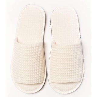 กรีน ค๊อตตอน รองเท้าใส่ในบ้าน ผ้ารังผึ้ง สีครีม หัวเปิด Green Cotton Home Slippers - Open Toe 7001