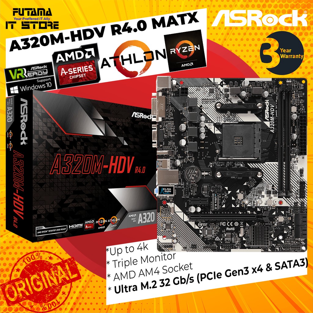 Asrock A320M-HDV R4.0 mATX เมนบอร์ด AMD AM4 A320