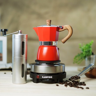 KAMPING (สีแดง) หม้อต้มกาแฟสด มอคค่าพอท + เตาไฟฟ้ามินิ 500W + เครื่องบดมือหมุน + 2-1 ช้อน