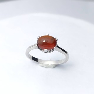 แหวนพลอย โกเมน สีแดง Garnet ไข่ หลังเบี้ย 5.6*7.8 mm. แหวนเงินแท้92.5% ชุบทองคำขาว ไซส์53 สไตล์เรียบๆ พลอยแท้ธรรมชาติ