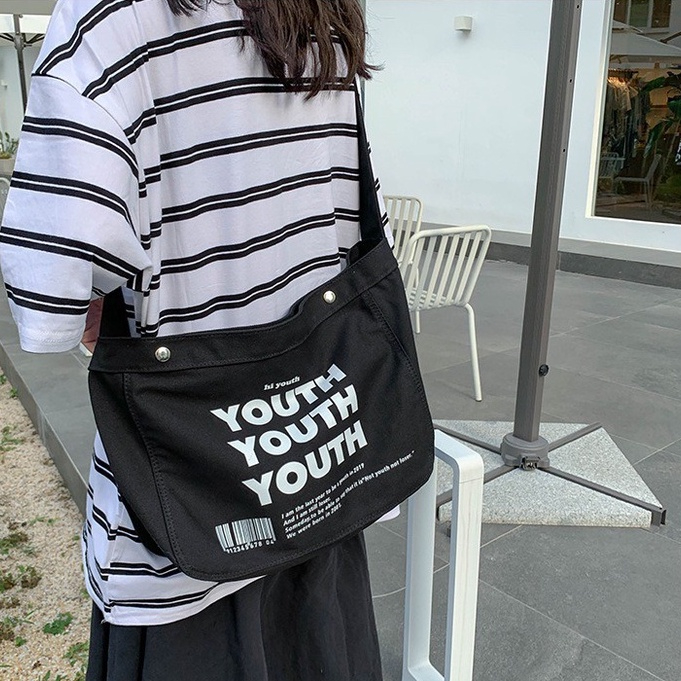bangkoklist(BA1775) กระเป๋าผ้าสะพายข้าง YOUTH ผ้าแคนวาส ผู้ชาย​ ผู้หญิง​ ใบใหญ่มี2สี