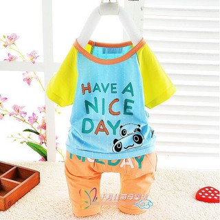 ชุดเด็กน่ารัก เสื้อแขนสั้น ลายแพนด้า have a nice day สีฟ้า พร้อมกางเกงสีส้ม