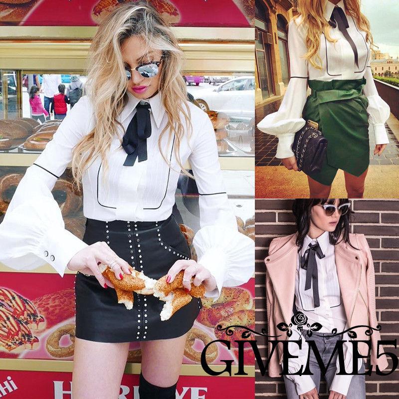 G5V-If Love Womens Casual Cotton Bowknot Blouse Loose Lantern Sleeve Top