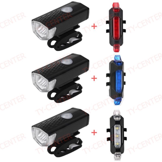 พร้อมส่ง！！ ไฟหน้าจักรยาน (สีดำ) + ไฟท้ายจักรยาน(สีน้ำเงิน) แพ็คคู่ 2 ชิ้น ไฟจักรยาน หน้า-หลัง/A912-9