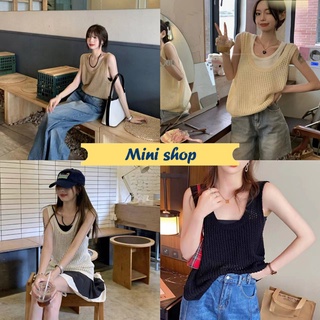 Mini shop🌸พร้อมส่ง🌸(30CX03) เสื้อกล้ามไหมพรม ดีเทลถักลายตาข่าย ซีทรูเบาๆ