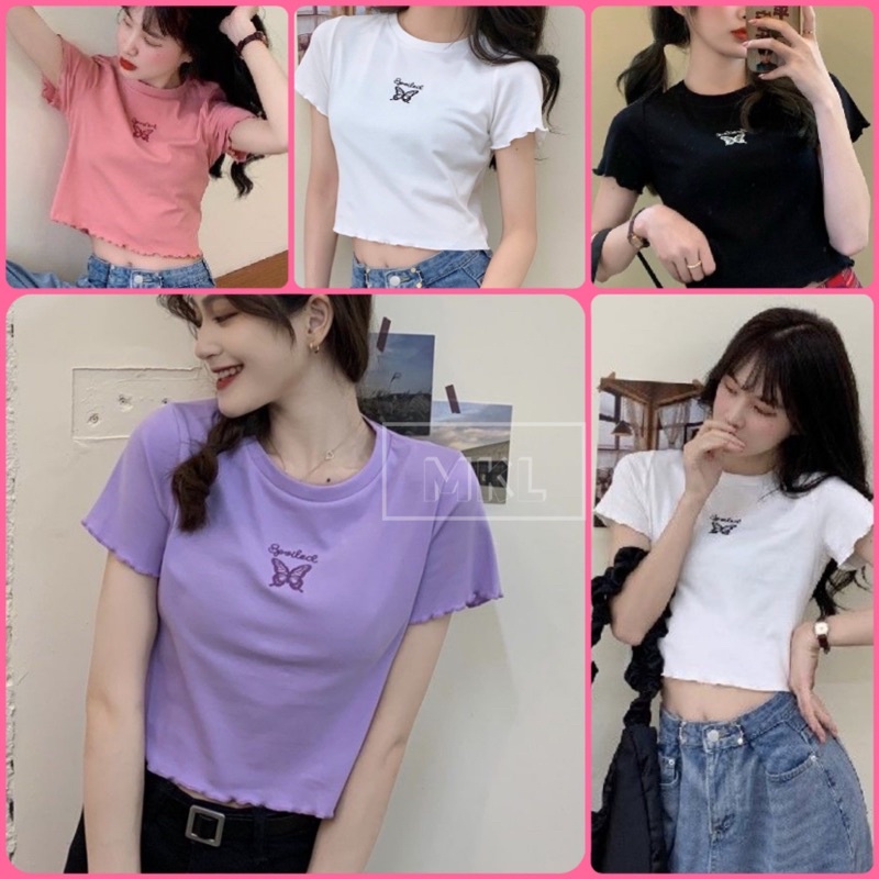 🌈 Fairy Style 🌈 เสื้อเอวลอย แขนสั้น ปักลายผีเสื้อ ผ้านิ่ม ทรสวย สไตล์เกาหลี มี 4 สี ให้เลือก 🦋 #5150