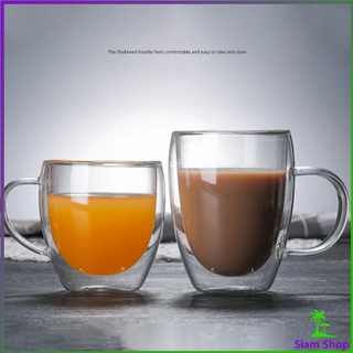 แก้วกาแฟทนความร้อนสองชั้น ถ้วยเครื่องดื่มน้ำร้อน น้ำเย็น  ถ้วยใส  glass