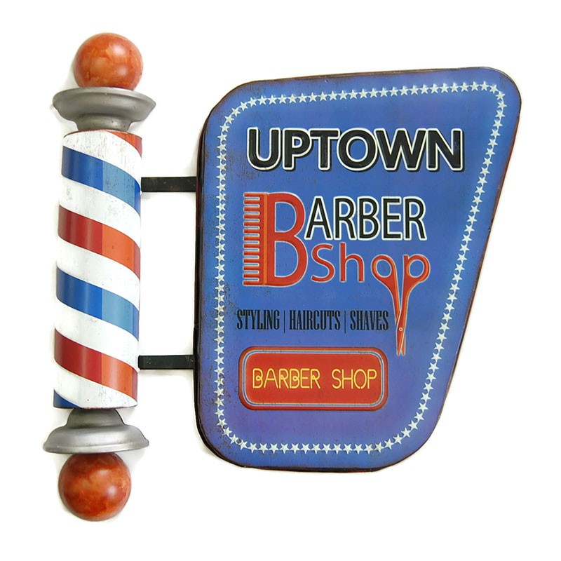 ป้ายสังกะสีวินเทจ Uptown Barber Shop (ปั๊มนูน)