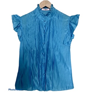 เสื้อแฟชั่นญี่ปุ่นเย็บเกล็ดหน้าสีฟ้าสวยใส่ทำงานหรือลำลอง