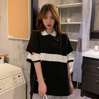 Spring and summer Korean version of 2021 new loose mid-length design sense contrast hole POLO collar short-sleeved T-shi