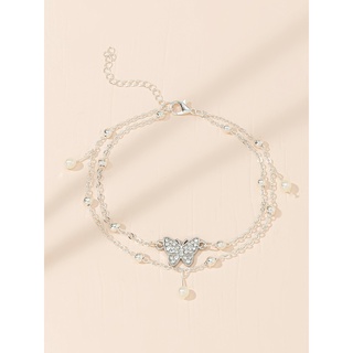 สร้อยมือจี้ผีเสื้อ Rhinestone Butterfly Decor Layered Anklet