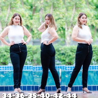 Plus Size เอว34”-44” กางเกงยีนส์ดำสาวอวบกระดุมหน้า ใส่สบายมาก