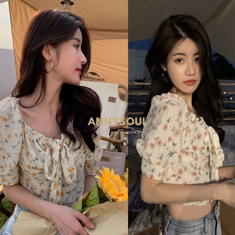 เสื้อครอปสไตลืเกาหลีผ้าพองคอกระเช้าผูกโบว์น่ารัก