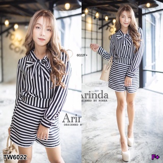 👗Pfashion [ส่งไว!!🚛] P6022 Set เสื้อเชิ้ตแขนยาวคอผูกโบว์+กางเกงขาสั้นลายริ้ว  Set long sleeve shirt with bow t