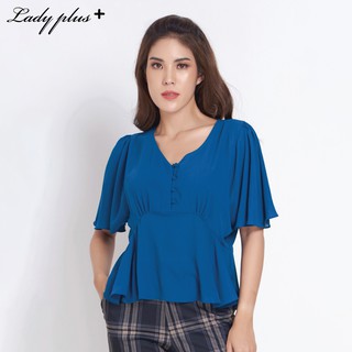 Lady Plus เสื้อชีฟองคอวีแขนระบาย | Chiffon V-Neck Blouse เสื้อแขนสั้น สีเทอครอย