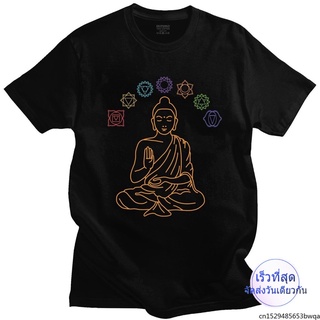 เสื้อยืดเท่ๆ เสื้อยืดคอกลมแขนสั้นพิมพ์ลาย Seven Chakras Meditating Buddha สําหรับผู้ชาย