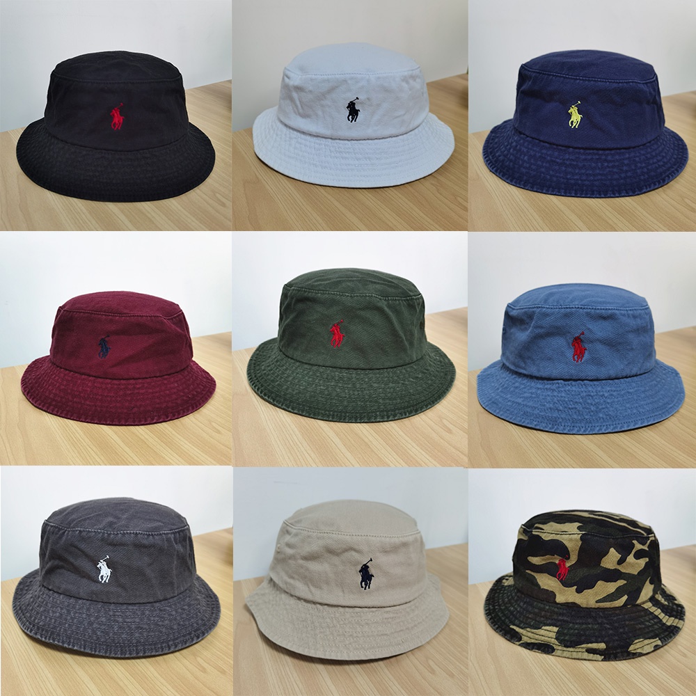 Polo Bucket Hat Small Pony Logo RL Outdoor Leisure Casual Wear Cotton Sunproof Pony Rider เย็บปักถักร้อยสีดําสีเทา Denim Casual Wear