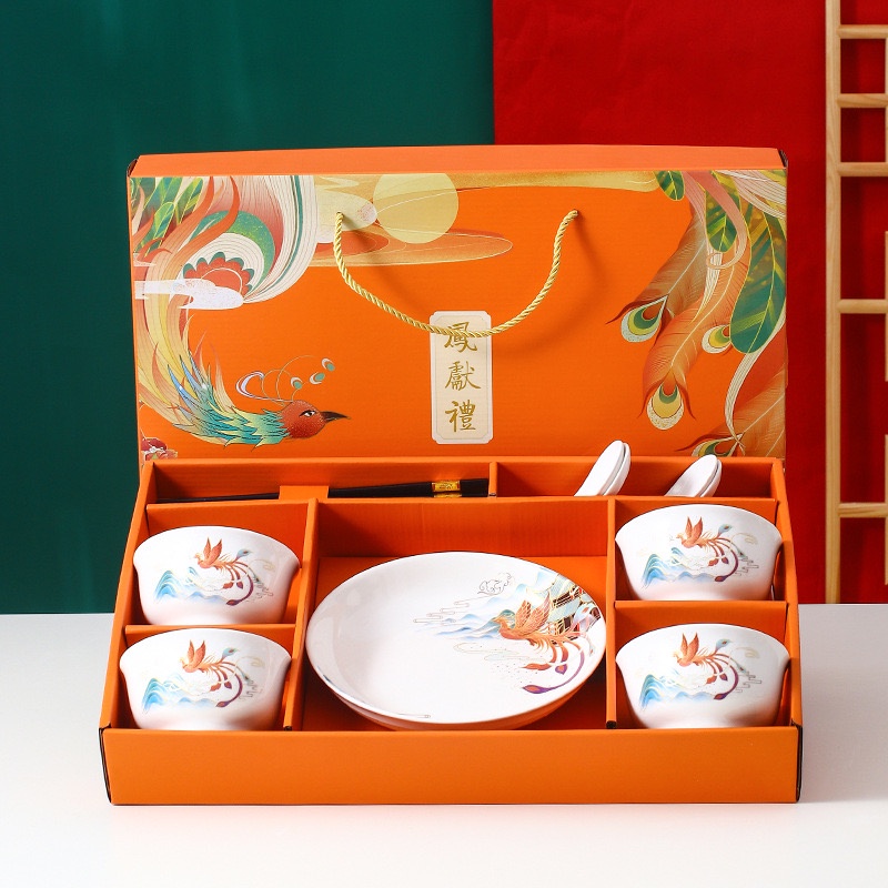 BAIFA ชุดจานชามเซรามิค ลายนกฟีนิกซ์ จานลายเซรามิคกระเบื้อง 1เซ็ต /10ชิ้น NO.Z2